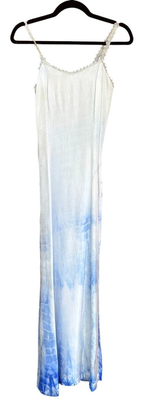 Antique Hand Dyed Blue Ombre Shibori Slip Dress Lace Trim Silk Rayon Nightgown